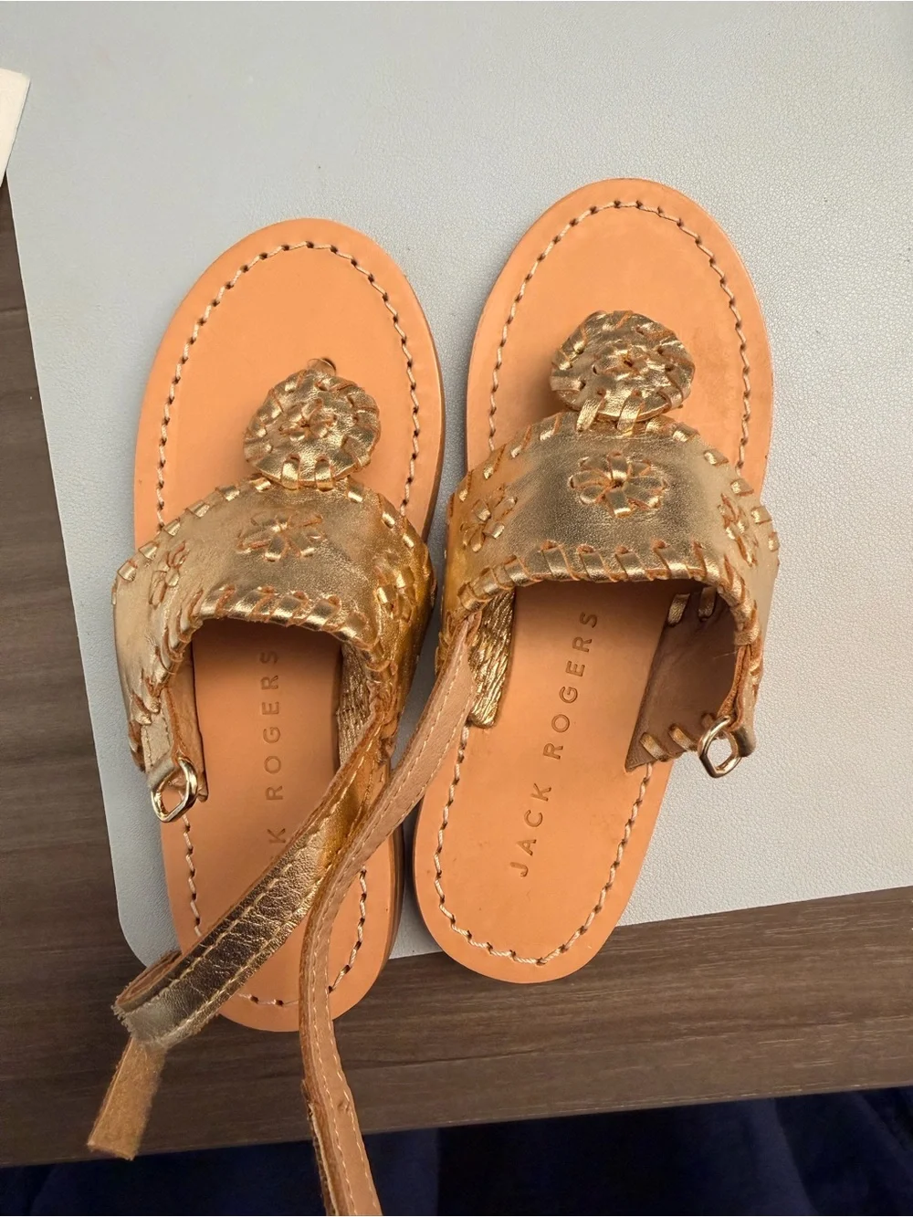 Jack Rogers Gold Metallic Leather Thong Sandals